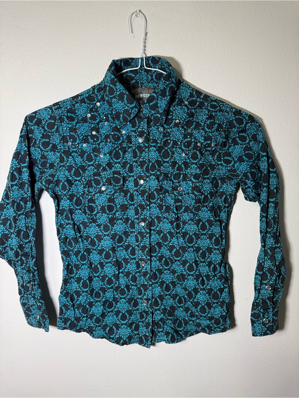 Cowgirl Hardware Youth Turquoise Damask Horseshoe Rhinestone Western Shirt Sz M
